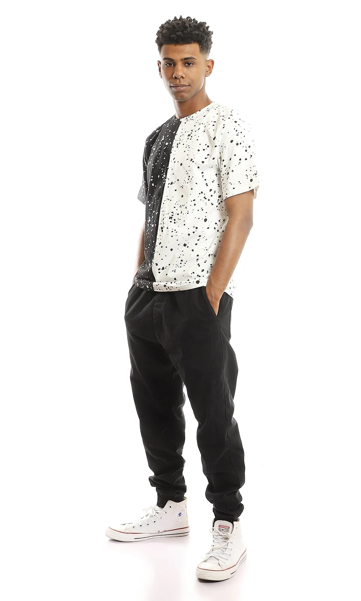 97644 Bi-Tone Black & White Crew Neck Splatter T-Shirt