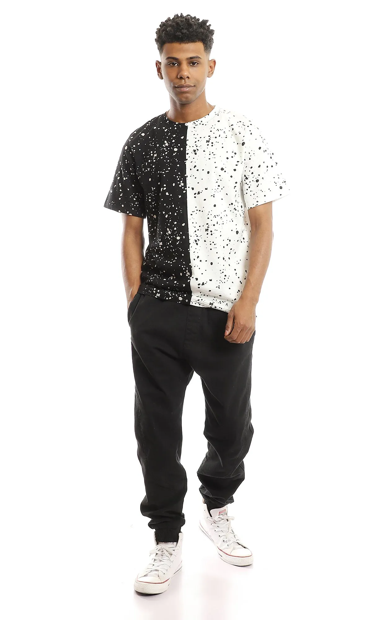 97644 Bi-Tone Black & White Crew Neck Splatter T-Shirt