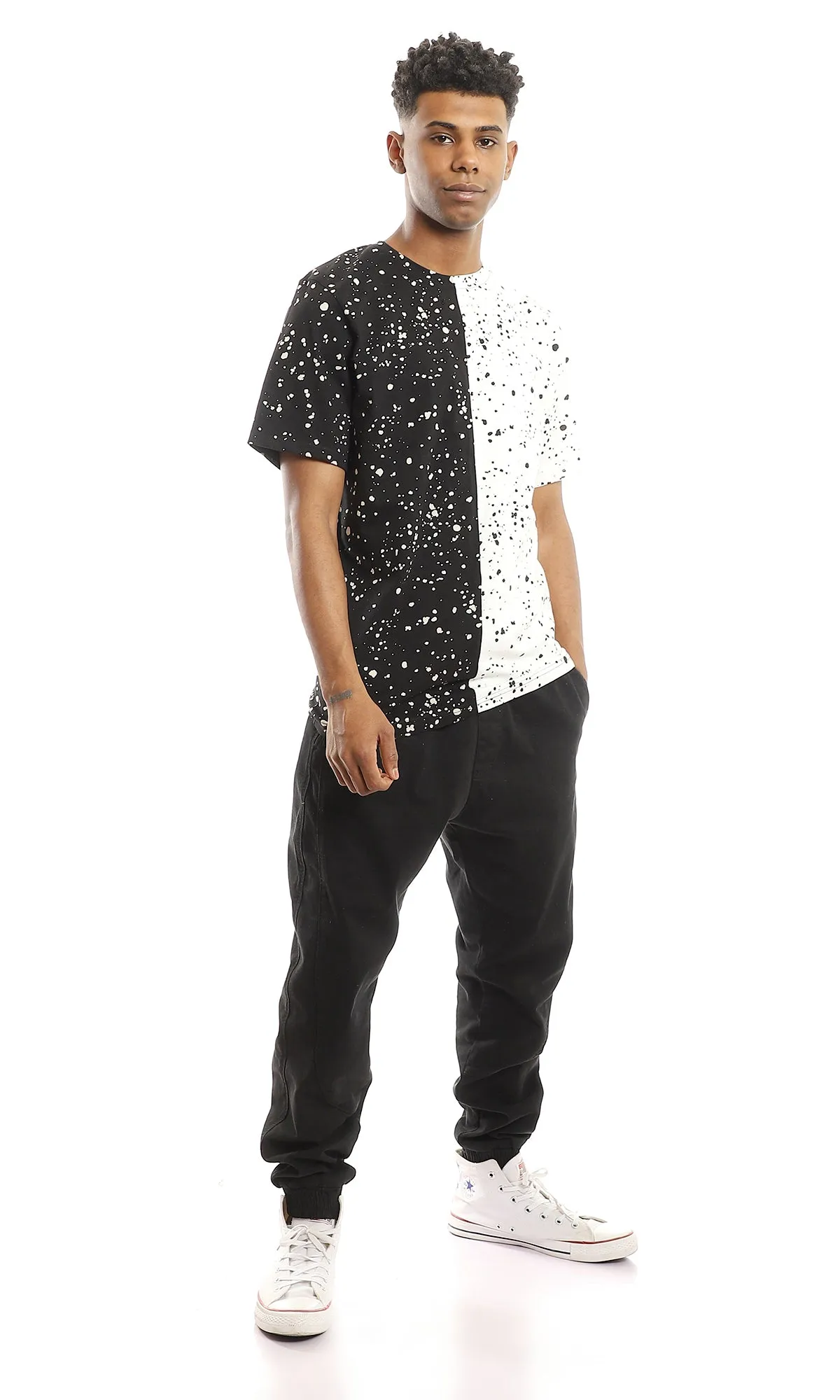 97644 Bi-Tone Black & White Crew Neck Splatter T-Shirt