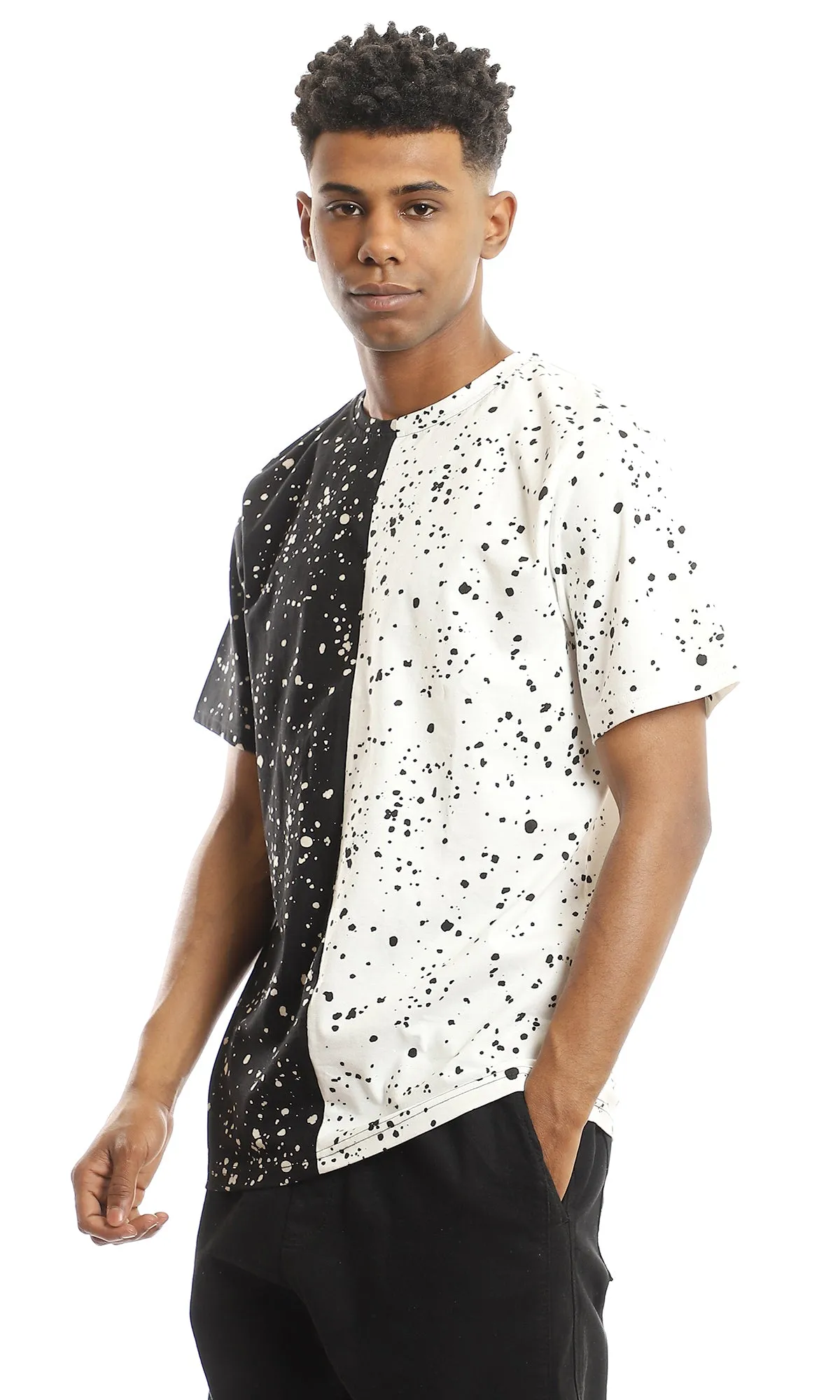 97644 Bi-Tone Black & White Crew Neck Splatter T-Shirt