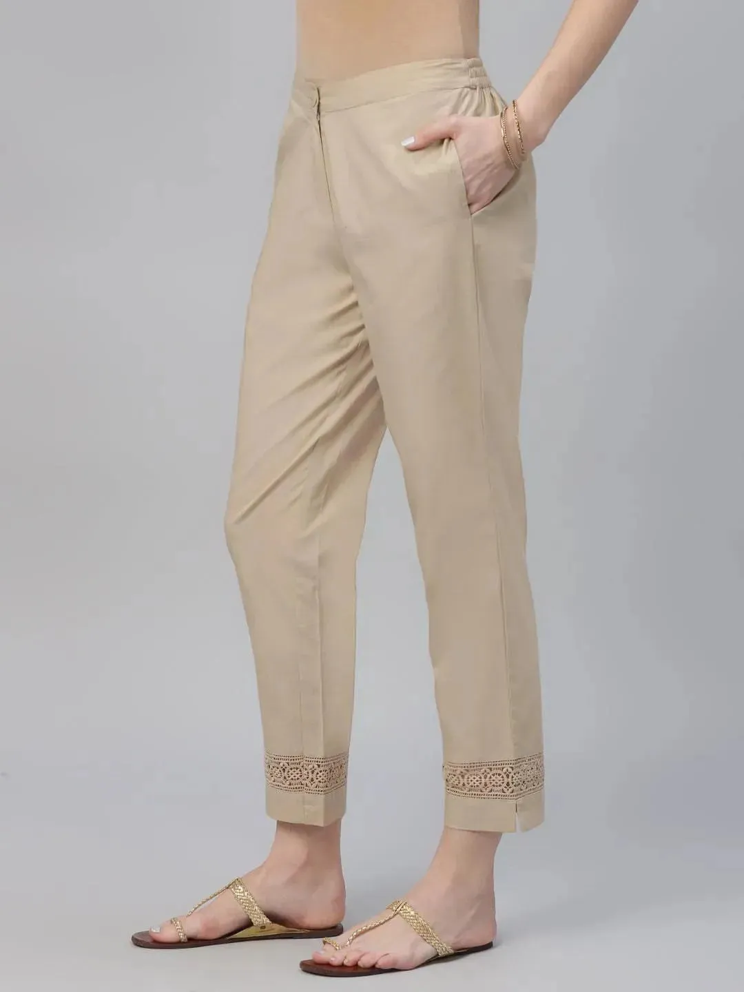Beige Solid Cotton Trousers