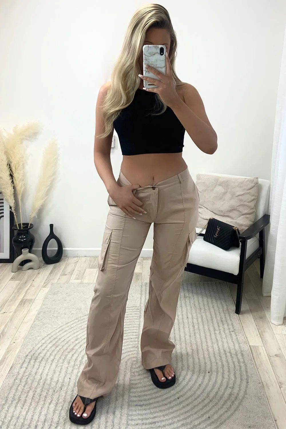 Elsie Beige Pocket Detail Wide Leg Cargo Trousers