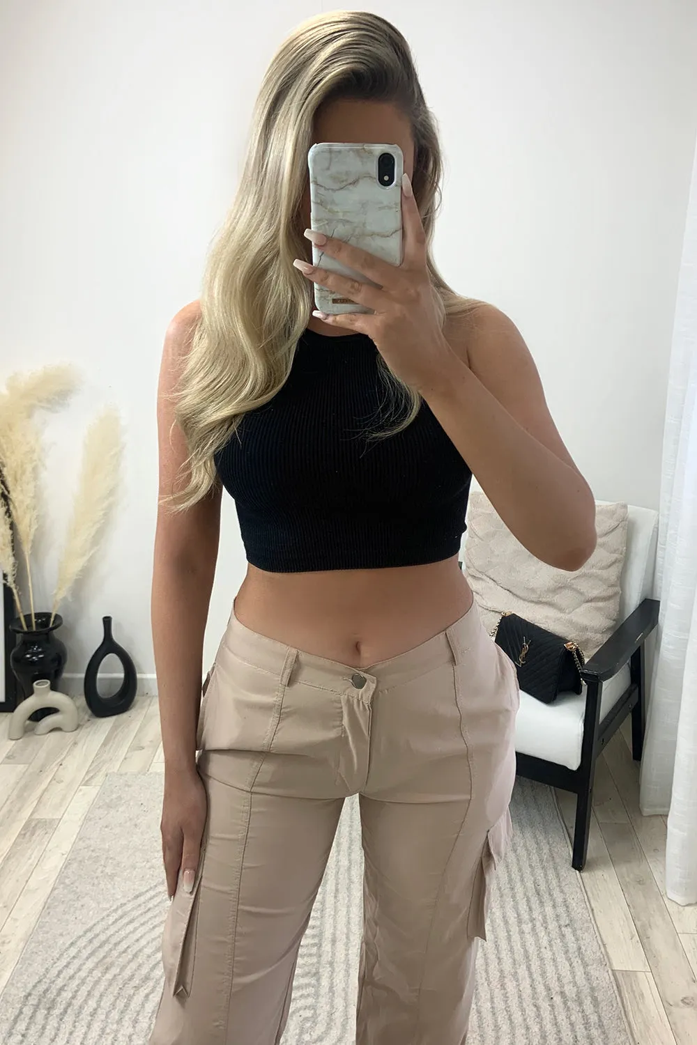 Elsie Beige Pocket Detail Wide Leg Cargo Trousers