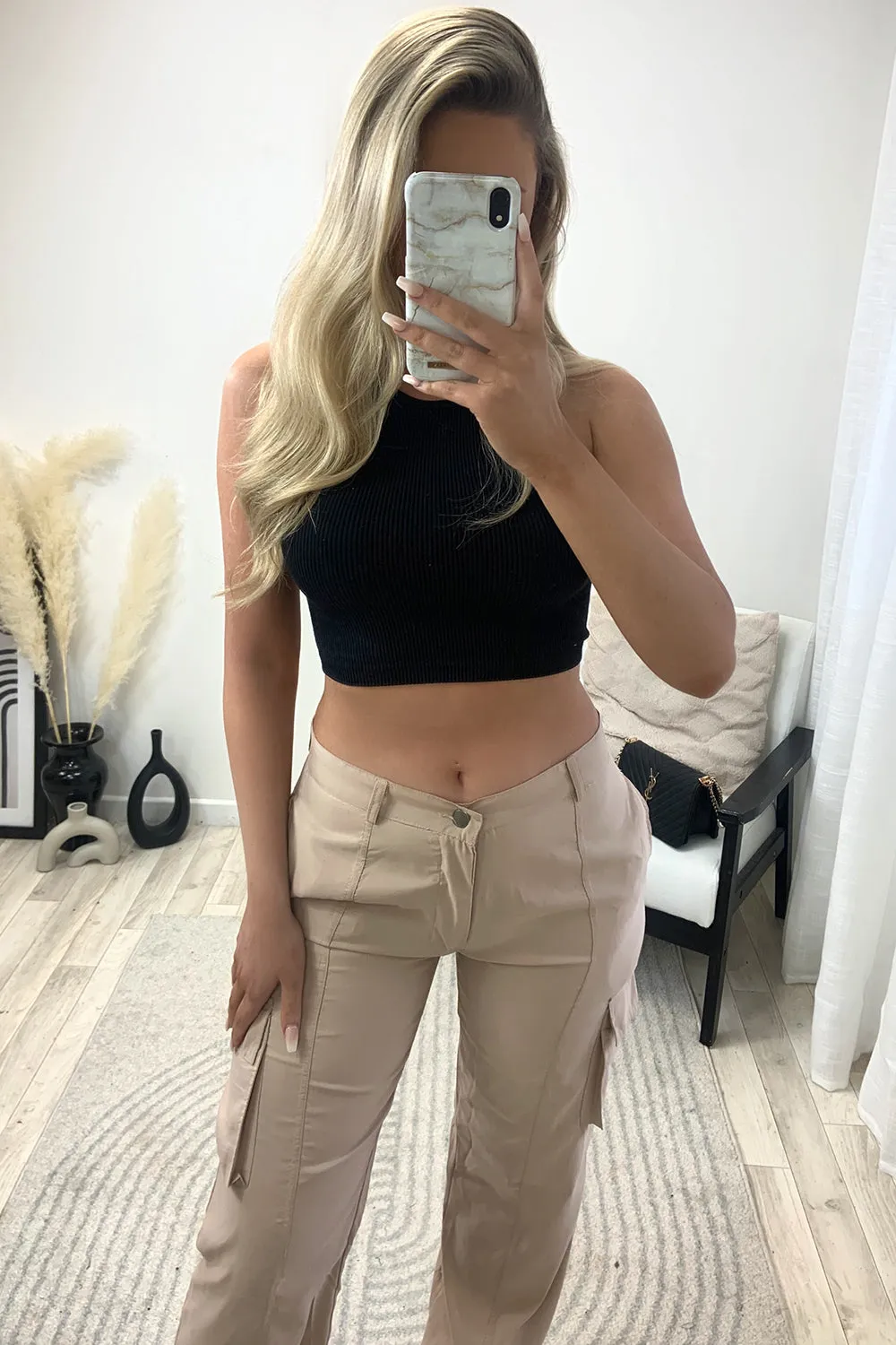 Elsie Beige Pocket Detail Wide Leg Cargo Trousers