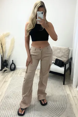 Elsie Beige Pocket Detail Wide Leg Cargo Trousers