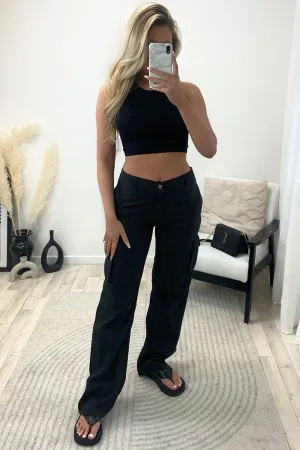Elsie Black Pocket Detail Wide Leg Cargo Trousers