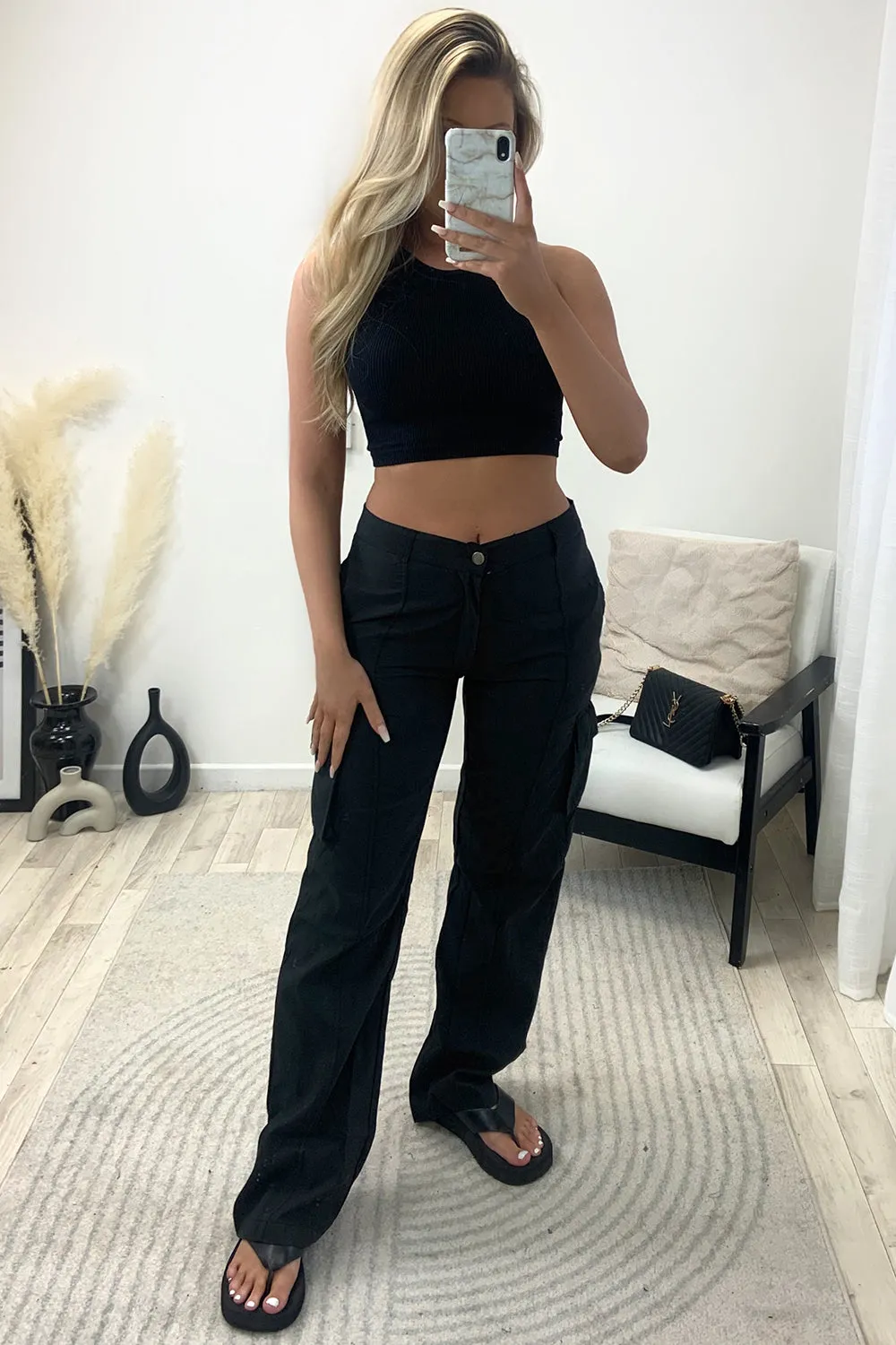 Elsie Black Pocket Detail Wide Leg Cargo Trousers