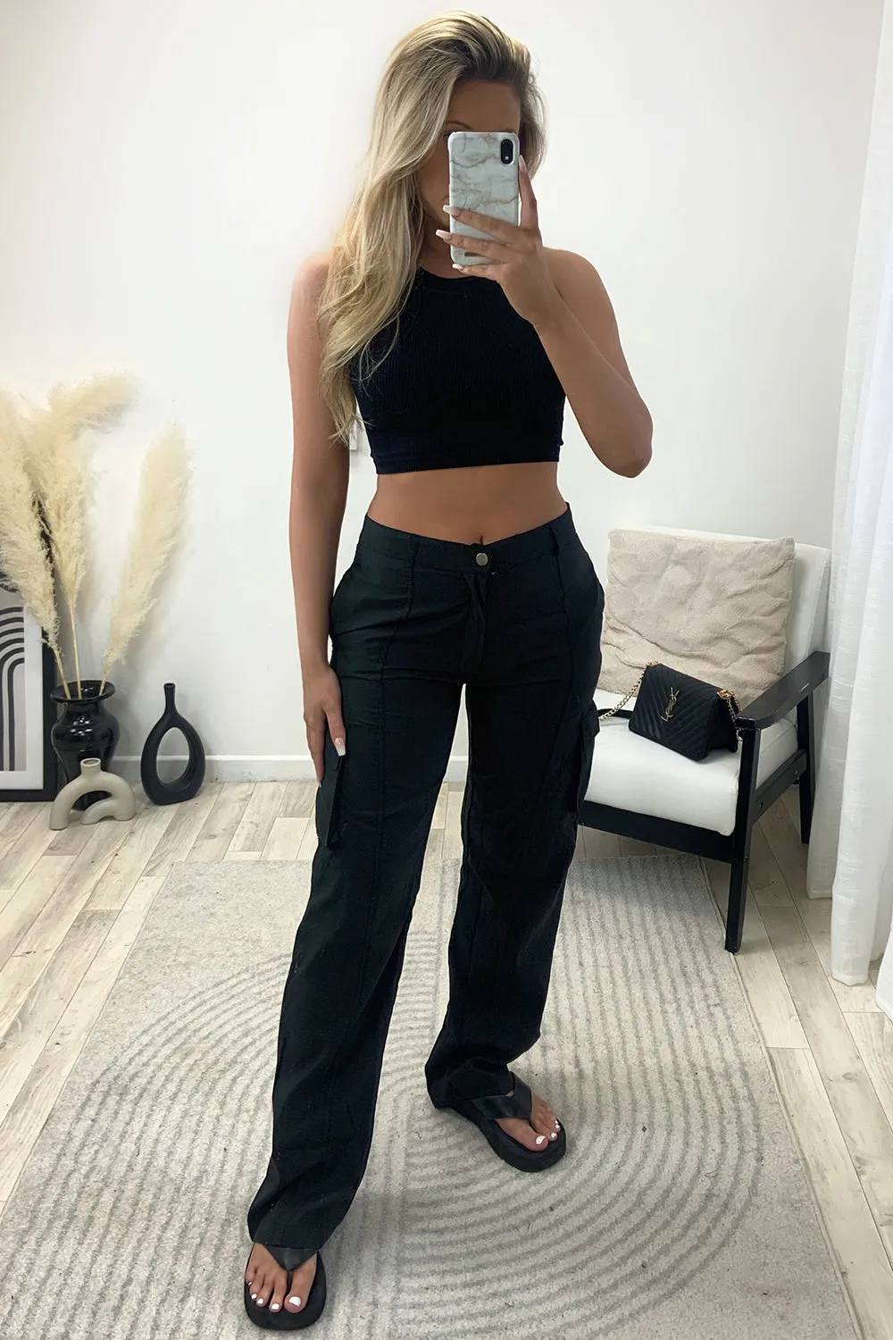 Elsie Black Pocket Detail Wide Leg Cargo Trousers