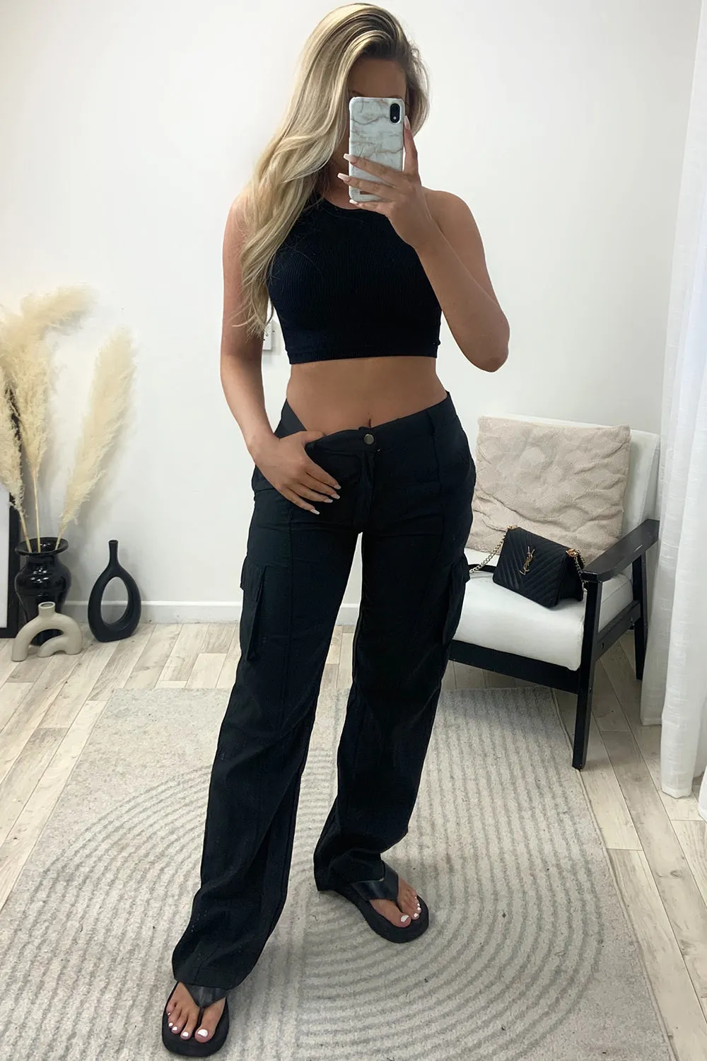 Elsie Black Pocket Detail Wide Leg Cargo Trousers