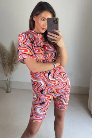 Evelina Orange Multi Swirl Print Oversized T-Shirt and Cycling Shorts Co-Ord Set