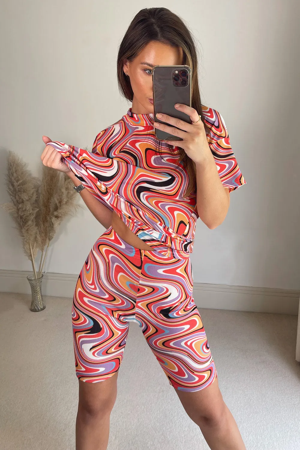 Evelina Orange Multi Swirl Print Oversized T-Shirt and Cycling Shorts Co-Ord Set