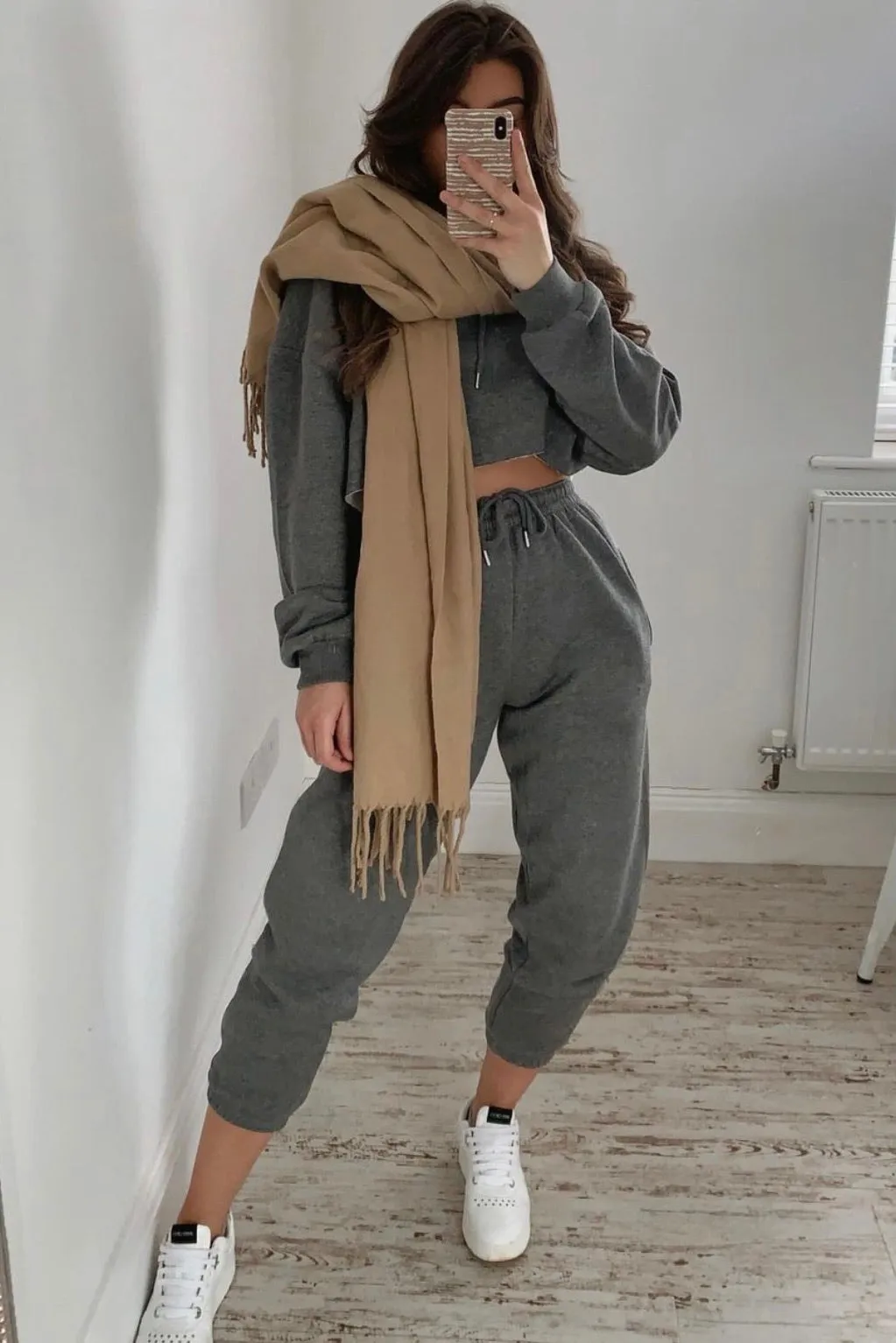 Harper Charcoal Lounge Cropped Hoodie and Joggers Tracksuit Set