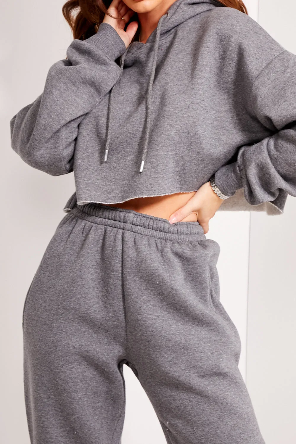 Harper Charcoal Lounge Cropped Hoodie and Joggers Tracksuit Set