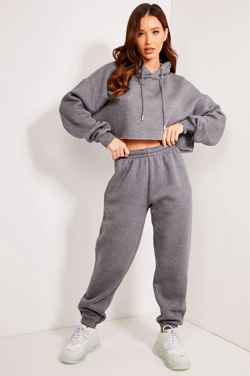 Harper Charcoal Lounge Cropped Hoodie and Joggers Tracksuit Set