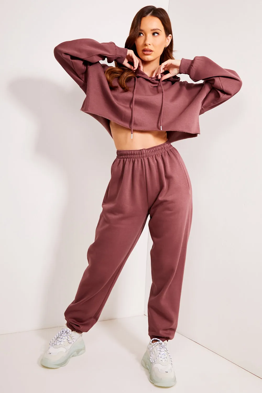 Harper Chocolate Brown Lounge Cropped Hoodie and Joggers Tracksuit Set