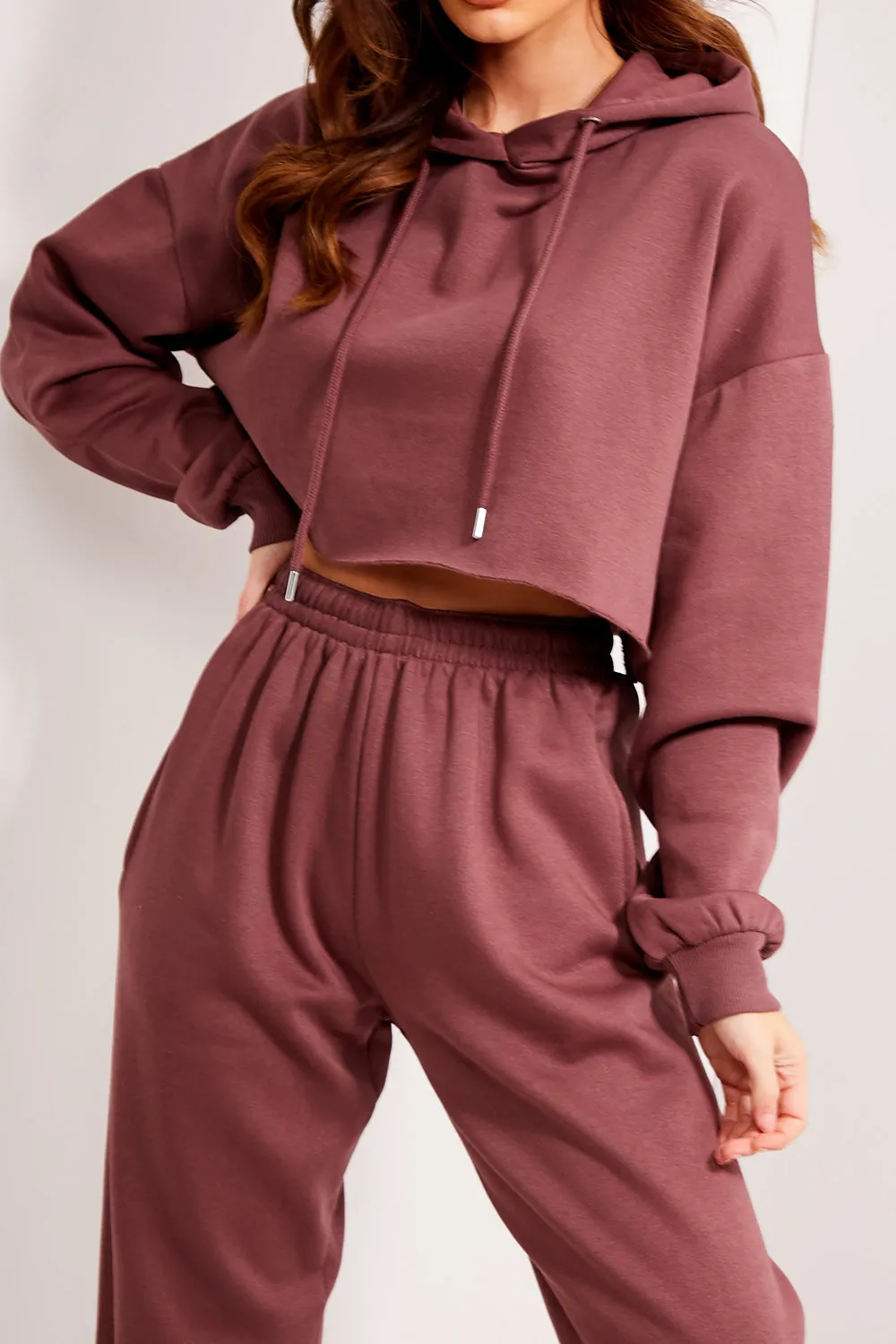 Harper Chocolate Brown Lounge Cropped Hoodie and Joggers Tracksuit Set