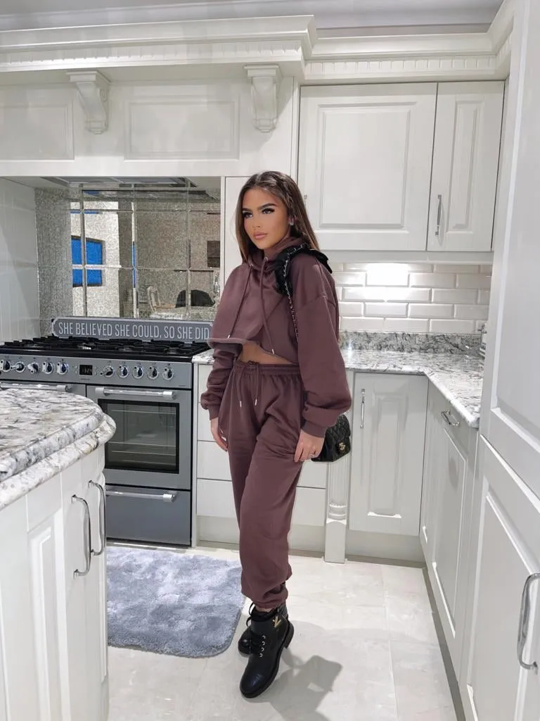 Harper Chocolate Brown Lounge Cropped Hoodie and Joggers Tracksuit Set