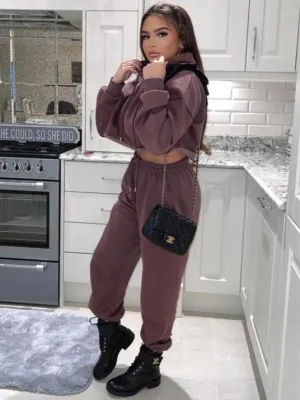 Harper Chocolate Brown Lounge Cropped Hoodie and Joggers Tracksuit Set