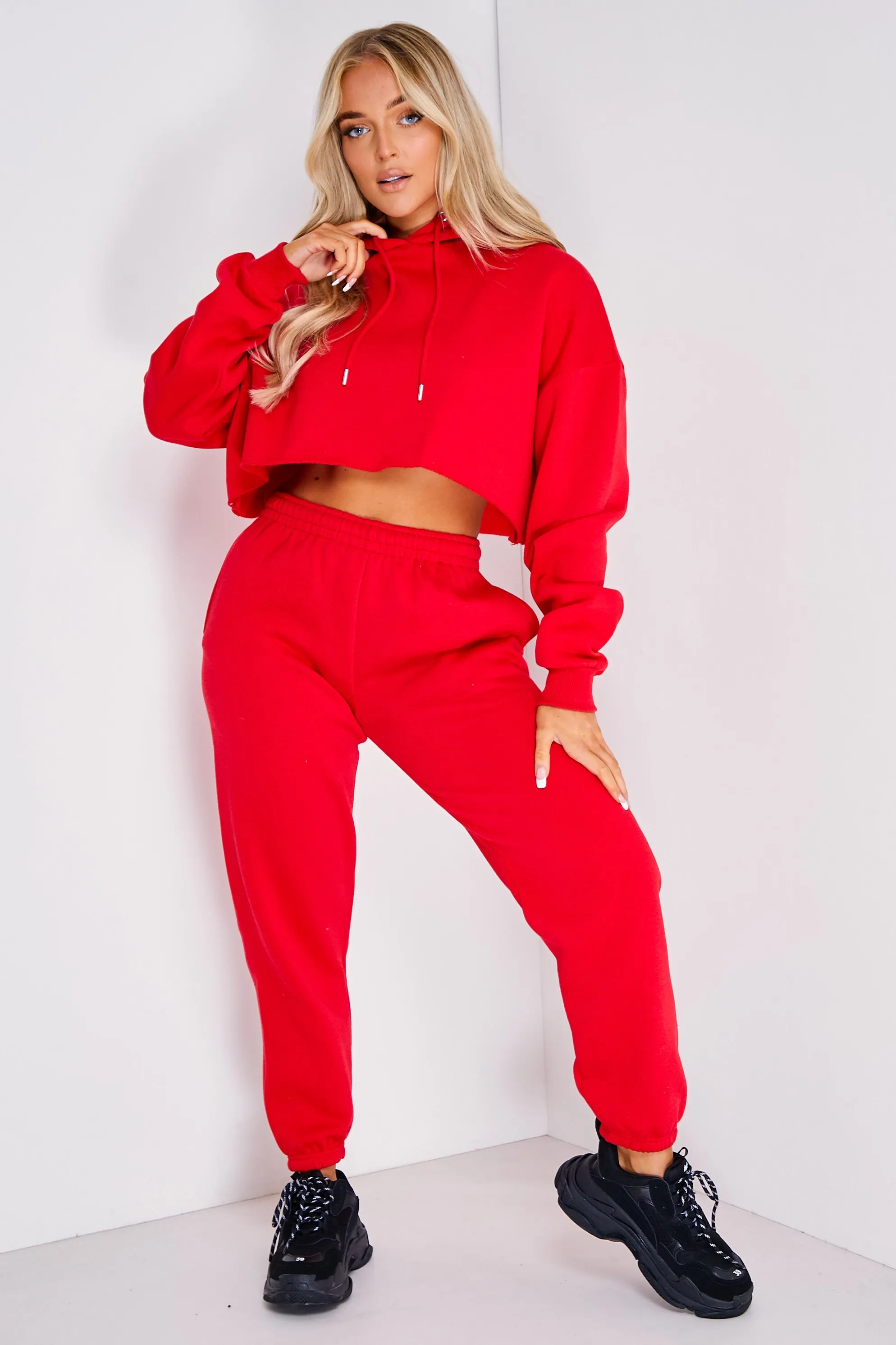 Harper Red Lounge Cropped Hoodie and Joggers Tracksuit Set