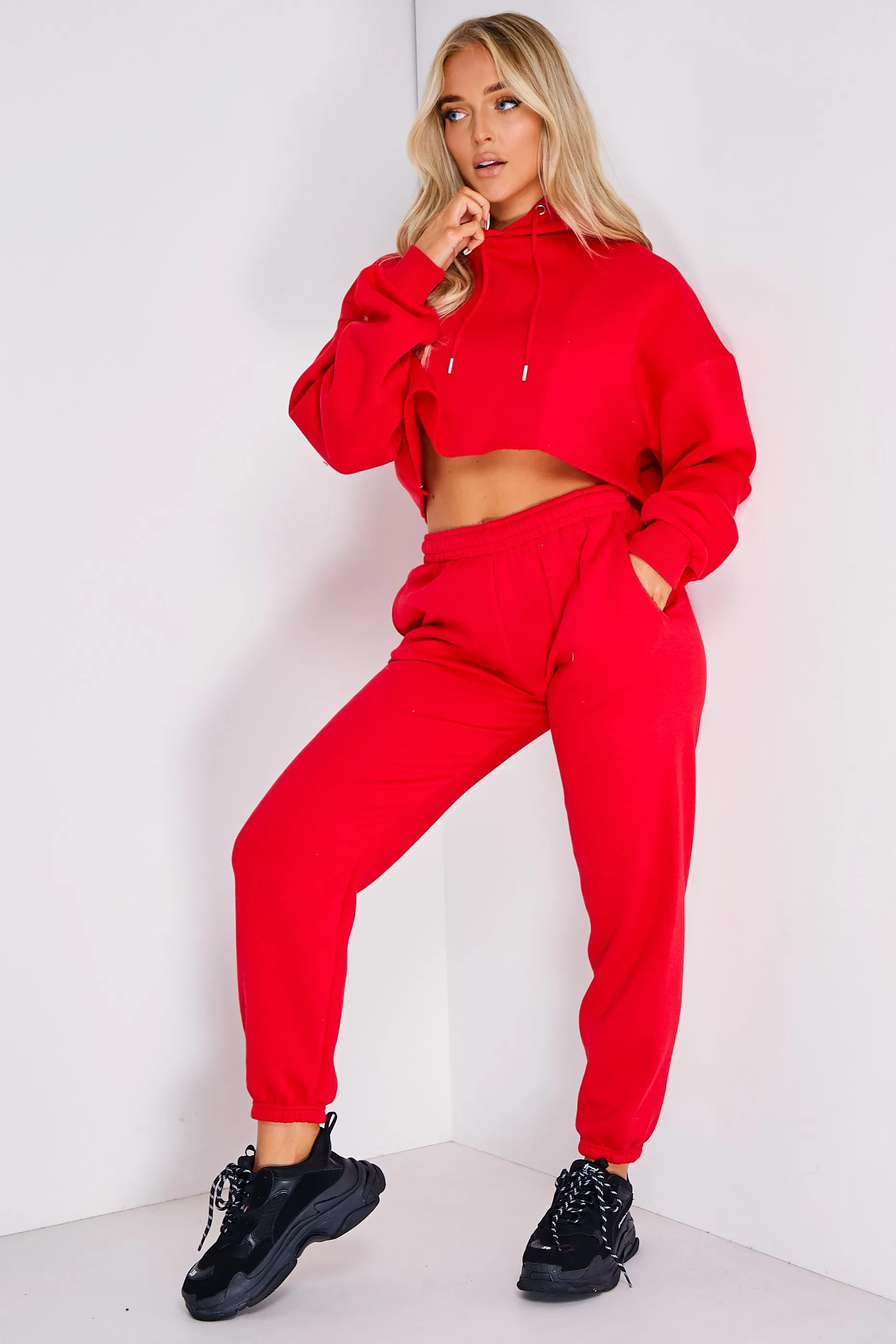 Harper Red Lounge Cropped Hoodie and Joggers Tracksuit Set