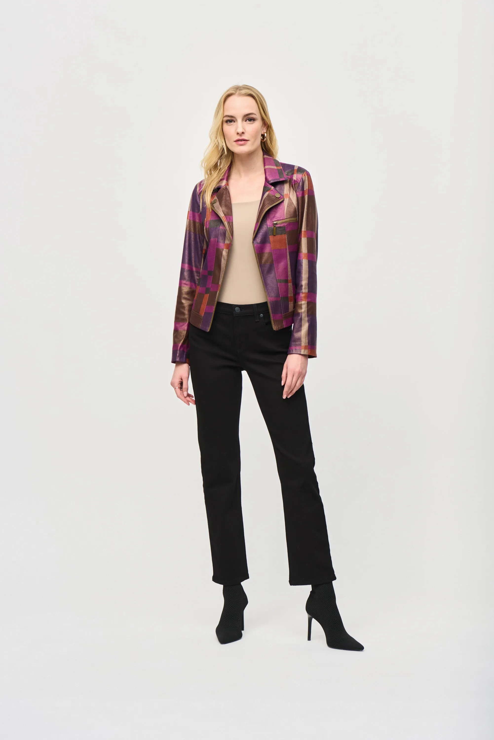 Joseph Ribkoff Multicolor Foiled Print Faux Suede Jacket