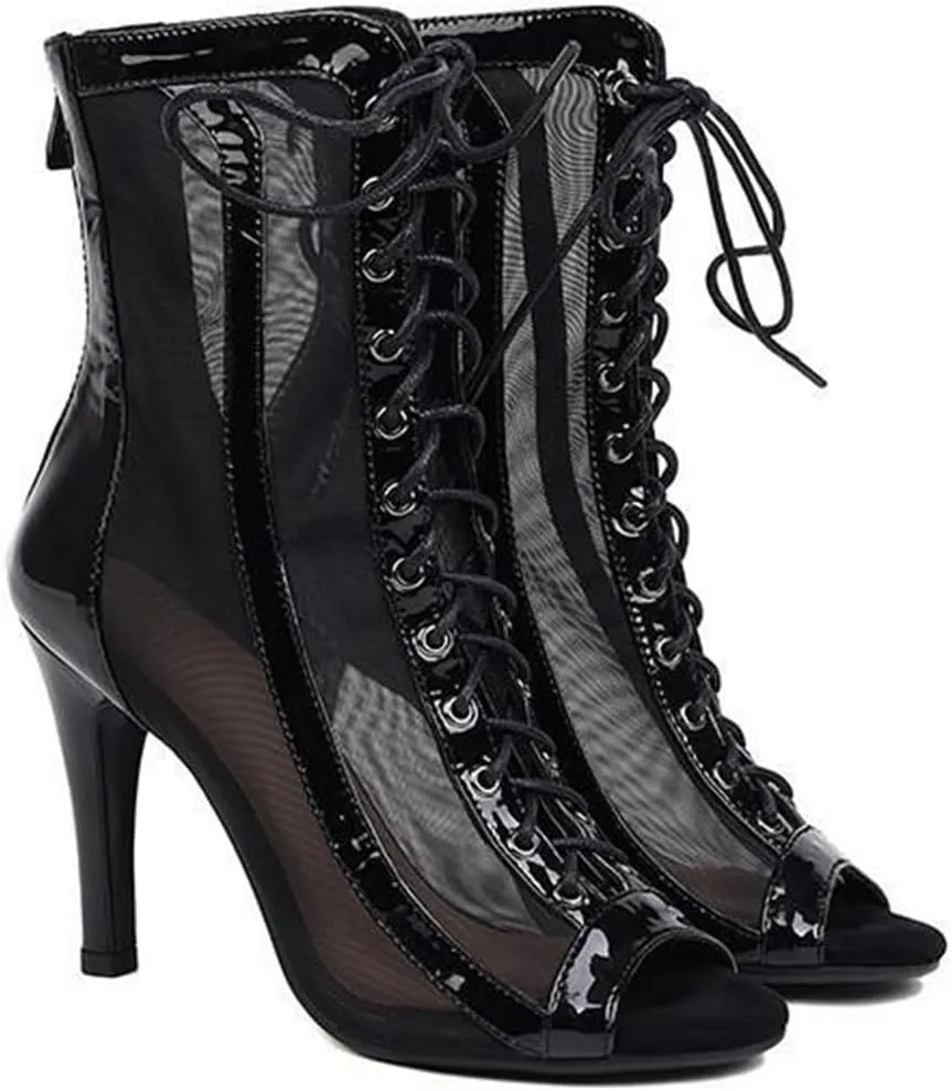 JXUZY Women's Sexy Mesh Jazz Modern Dance Shoes Lace-up Stiletto Heel Summer Ankle Booties