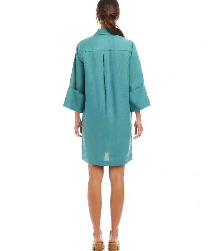 Karen Kane Cuff Sleeve Linen Dress Aqua