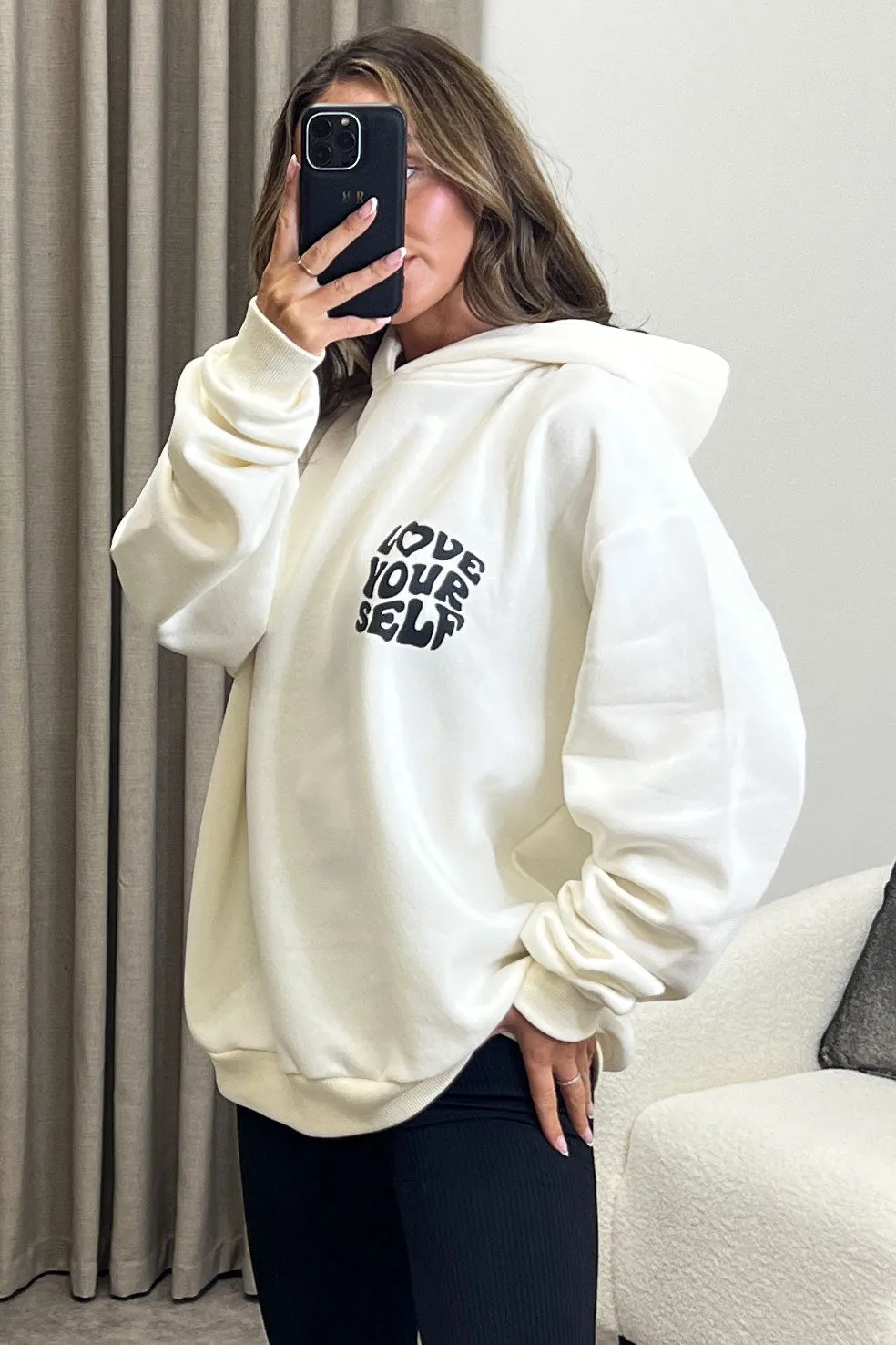 Kenny Beige Love Yourself Graphic Print Oversized Hoodie