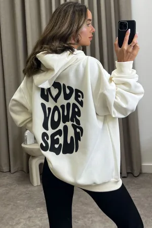 Kenny Beige Love Yourself Graphic Print Oversized Hoodie