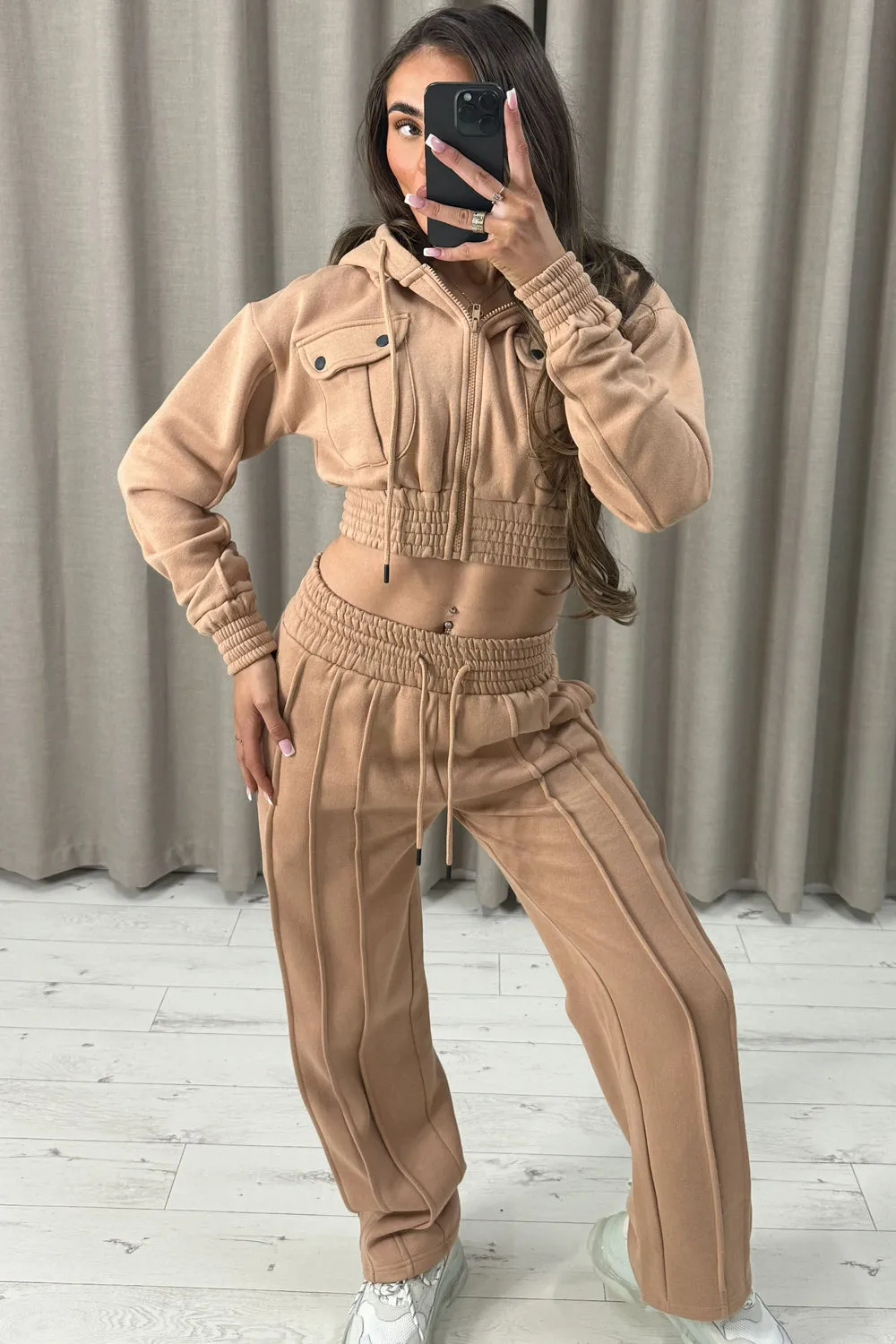 Kenza Beige Pocket Cropped Hooded and Seam Front Joggers Tracksuit Set