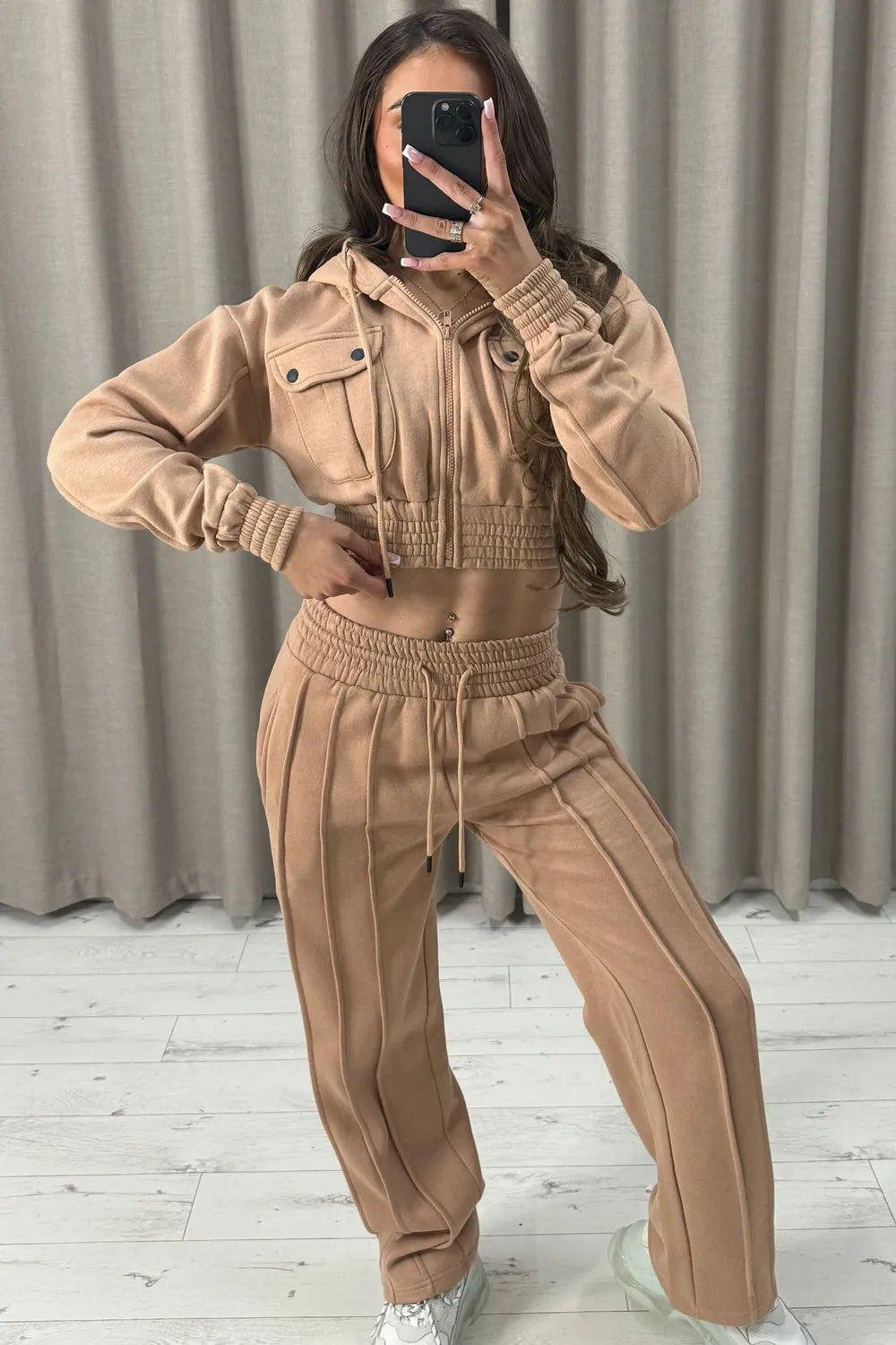 Kenza Beige Pocket Cropped Hooded and Seam Front Joggers Tracksuit Set