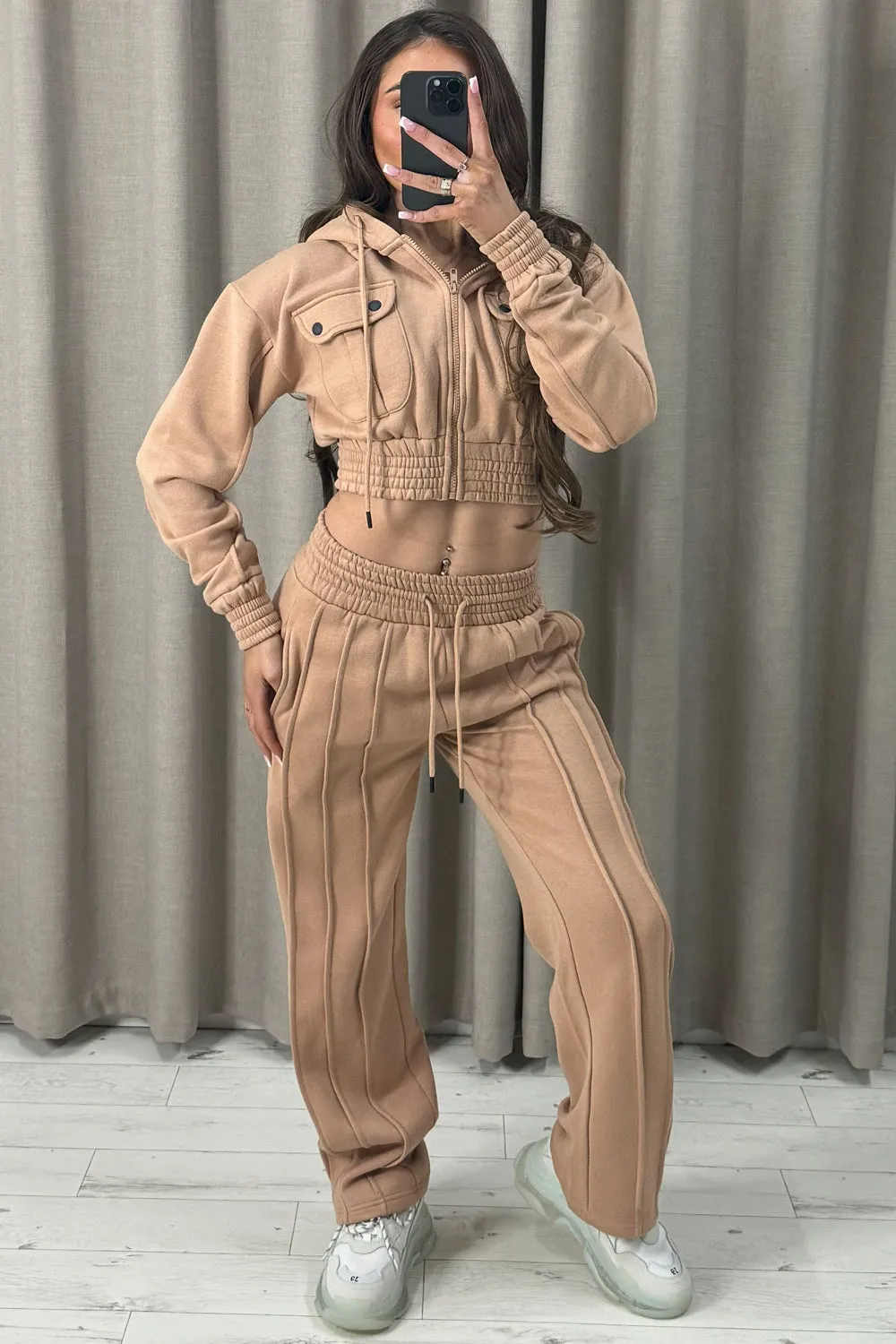 Kenza Beige Pocket Cropped Hooded and Seam Front Joggers Tracksuit Set
