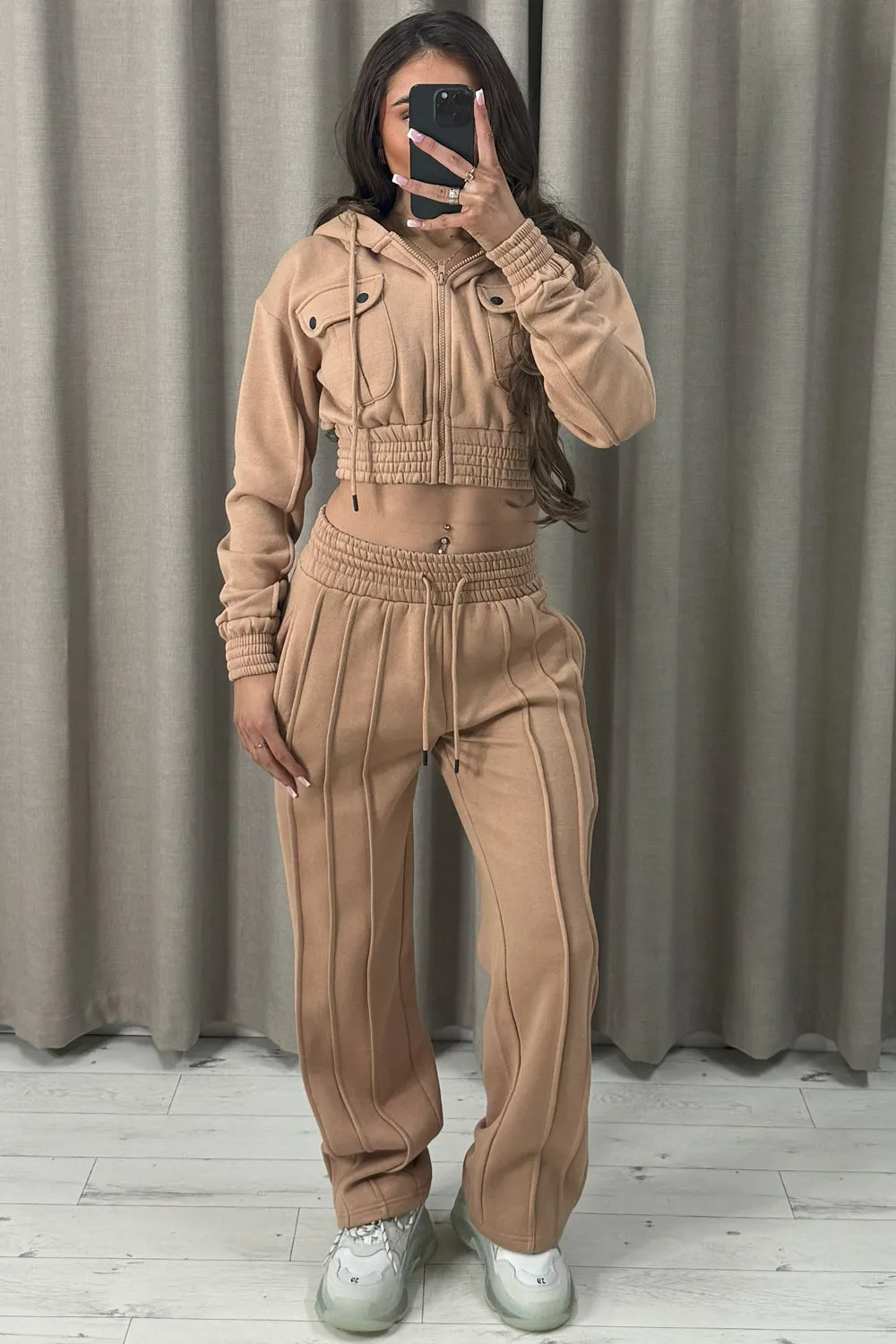 Kenza Beige Pocket Cropped Hooded and Seam Front Joggers Tracksuit Set