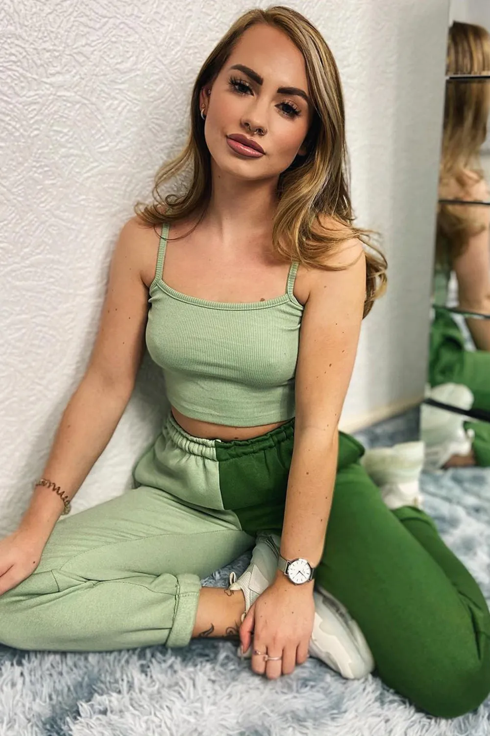 Lacey Khaki and Sage Colour Block Joggers