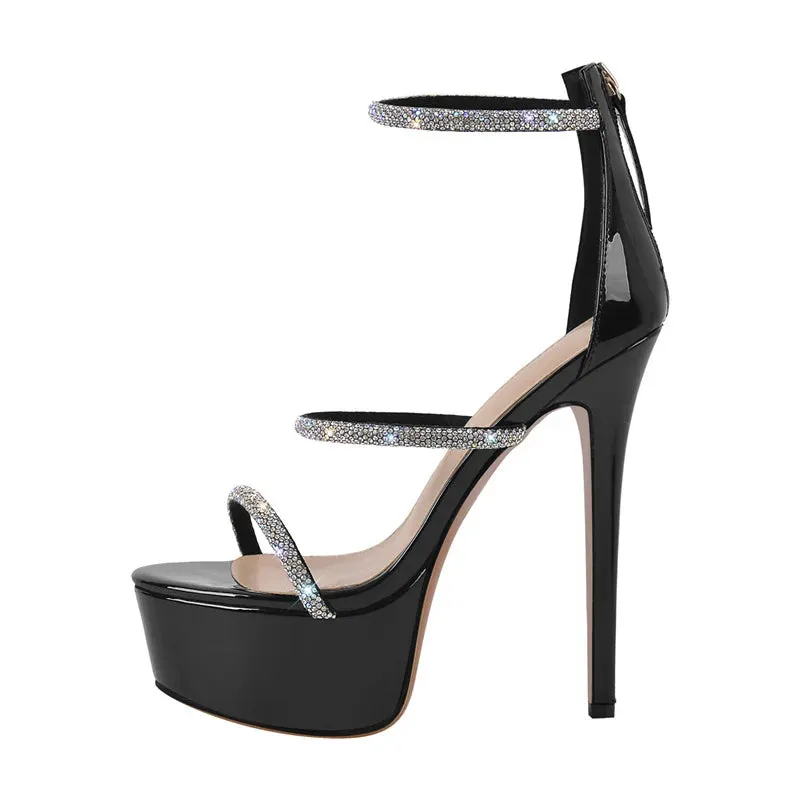 Open Toe Platform Rhinestones Straps Thin High Heel Sandals