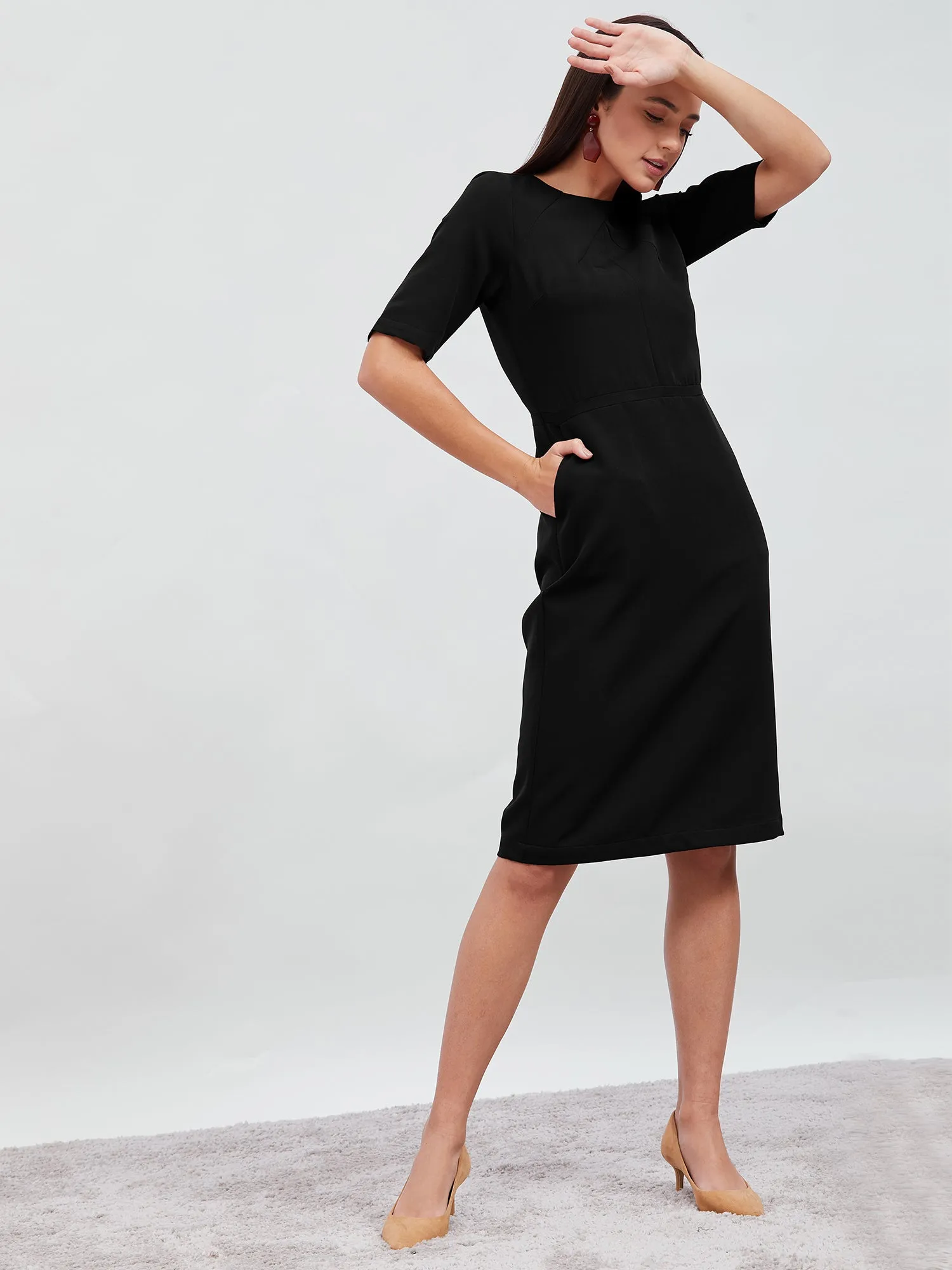 Prestige Knee Length Sheath Dress - Jet Black