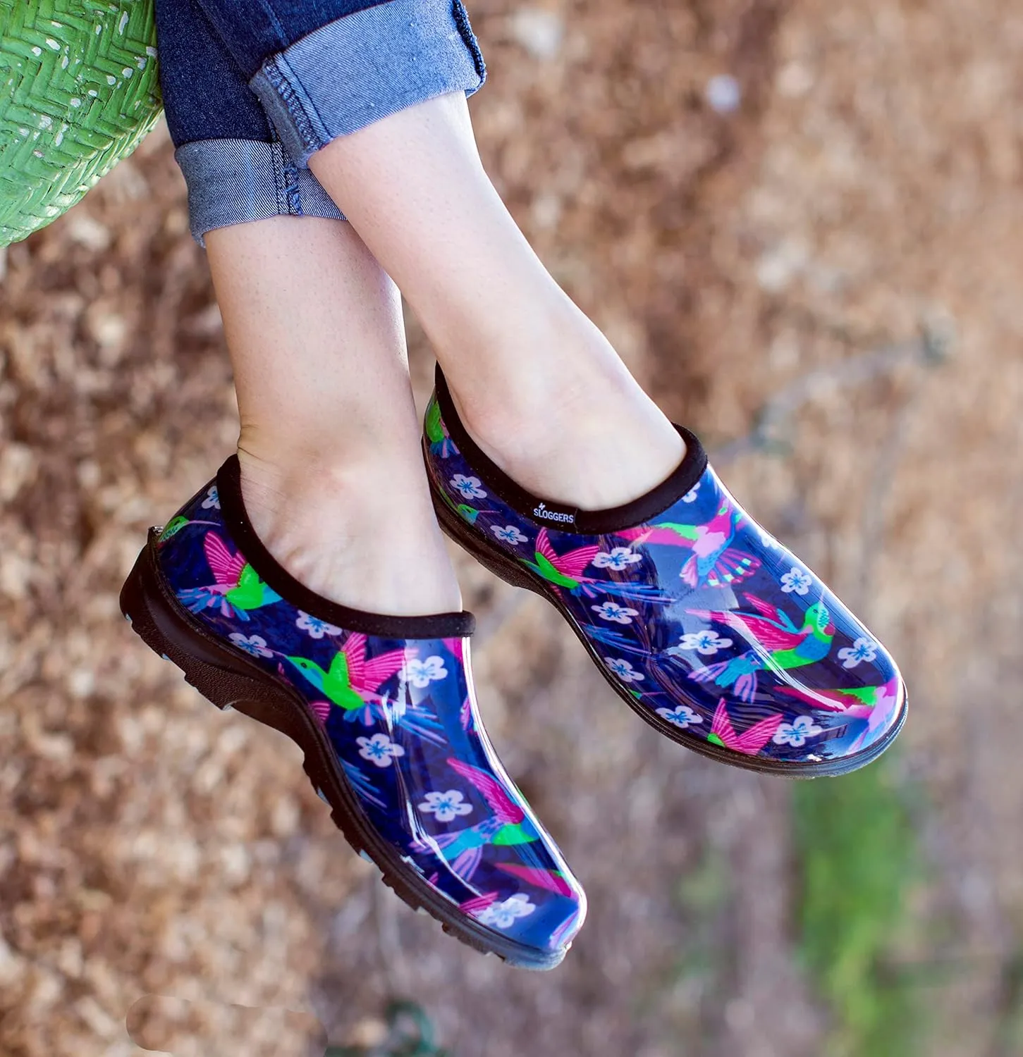 Sloggers Original Waterproof Rain and Garden Shoe for Women Outdoor Slip-On Garden Clog - Made in The USA with Premium Comfort Insole and Arch Support - Blue/Pink Hummingbird Print, Size 9