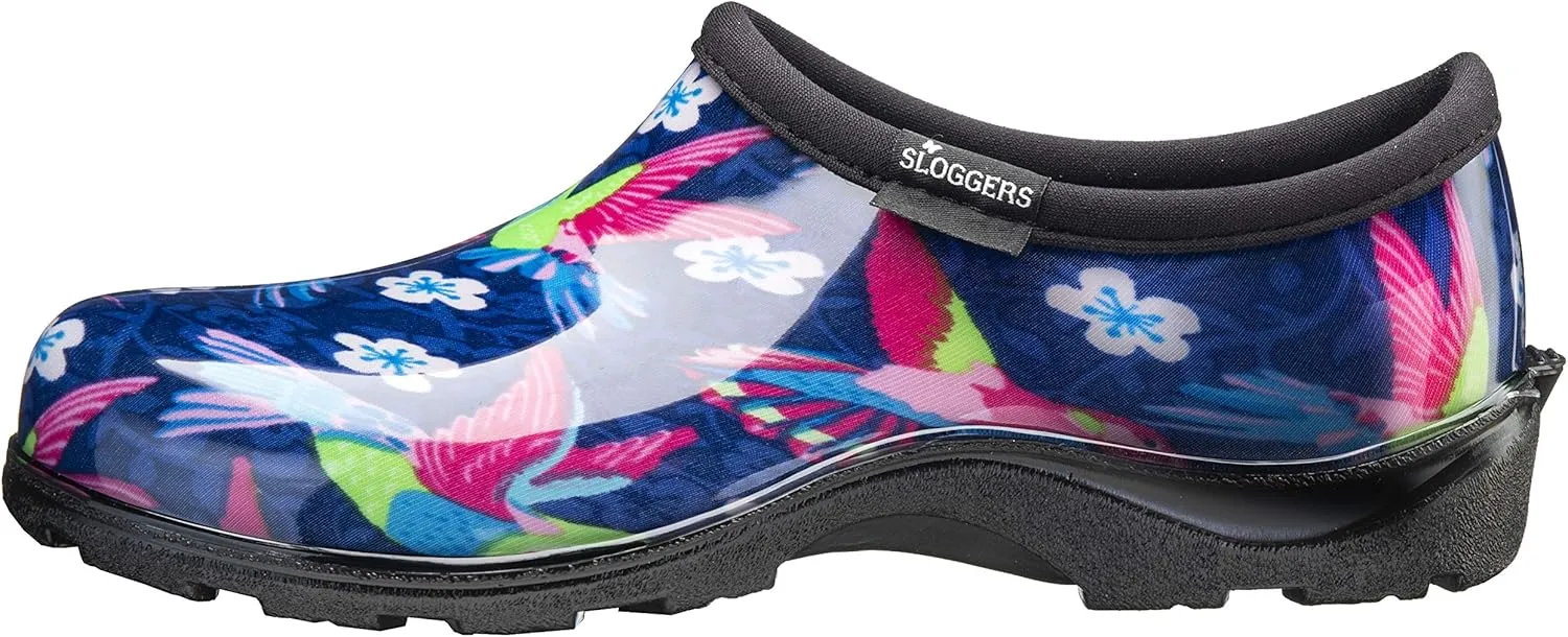 Sloggers Original Waterproof Rain and Garden Shoe for Women Outdoor Slip-On Garden Clog - Made in The USA with Premium Comfort Insole and Arch Support - Blue/Pink Hummingbird Print, Size 9