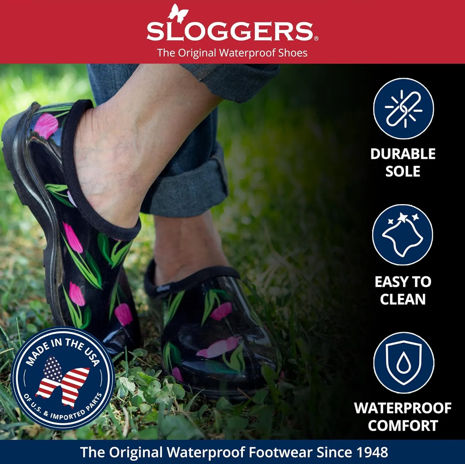 Sloggers Original Waterproof Rain and Garden Shoe for Women Outdoor Slip-On Garden Clog - Made in The USA with Premium Comfort Insole and Arch Support - Blue/Pink Hummingbird Print, Size 9