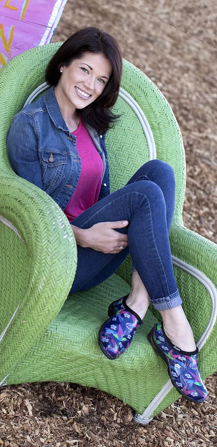 Sloggers Original Waterproof Rain and Garden Shoe for Women Outdoor Slip-On Garden Clog - Made in The USA with Premium Comfort Insole and Arch Support - Blue/Pink Hummingbird Print, Size 9