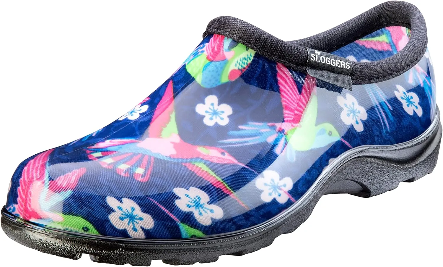 Sloggers Original Waterproof Rain and Garden Shoe for Women Outdoor Slip-On Garden Clog - Made in The USA with Premium Comfort Insole and Arch Support - Blue/Pink Hummingbird Print, Size 9