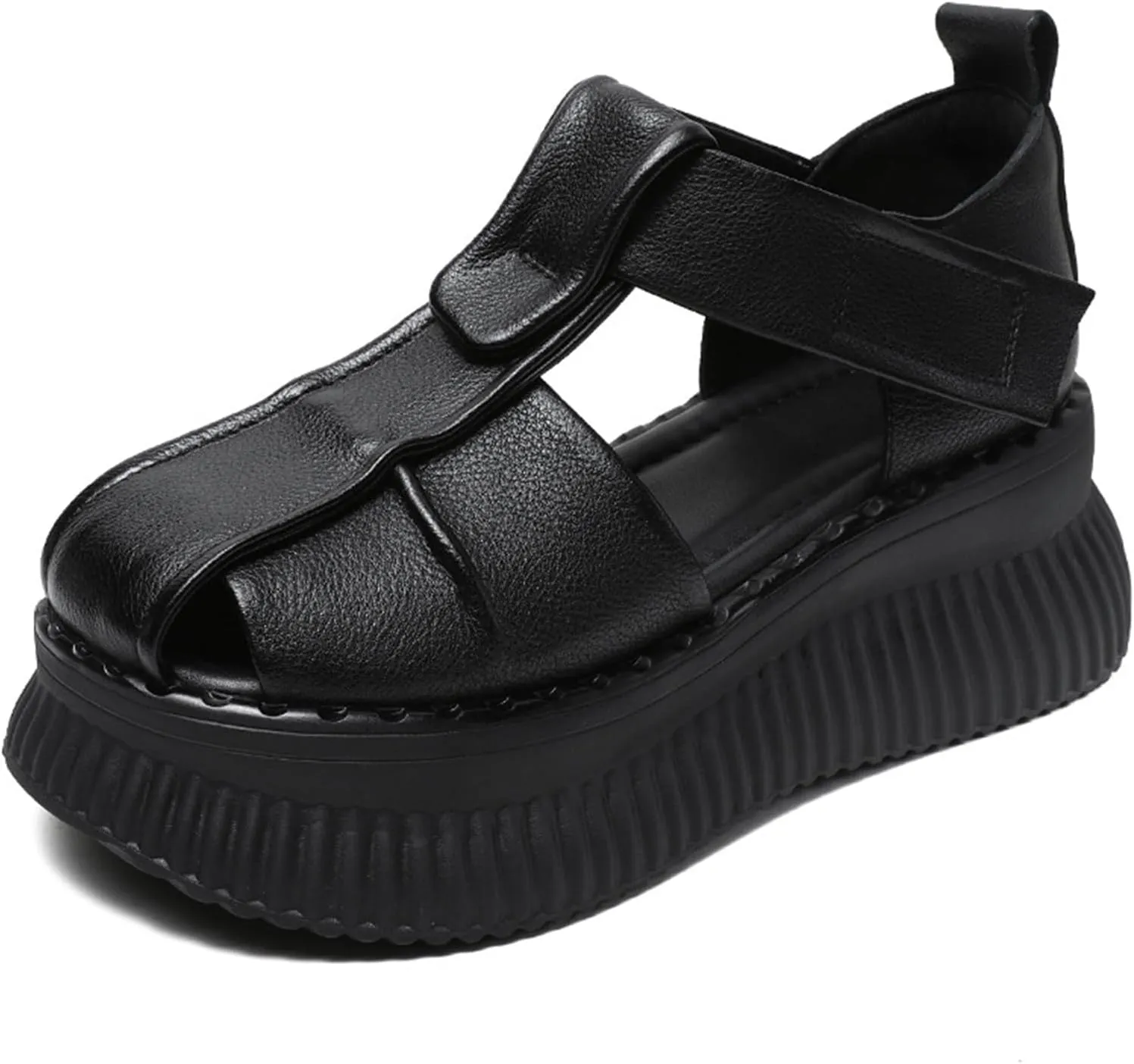 Women's Closed Toe Ankle Strap Hollow Out Gladiator Flat Sandal with Adjustable Hook and Loop Fashion Round Toe Comfortable Platform Walking Sandals