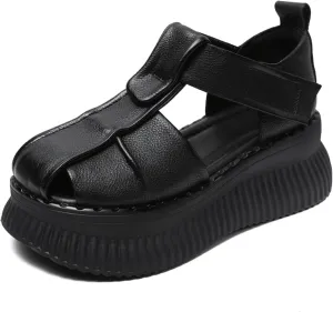 Women's Closed Toe Ankle Strap Hollow Out Gladiator Flat Sandal with Adjustable Hook and Loop Fashion Round Toe Comfortable Platform Walking Sandals