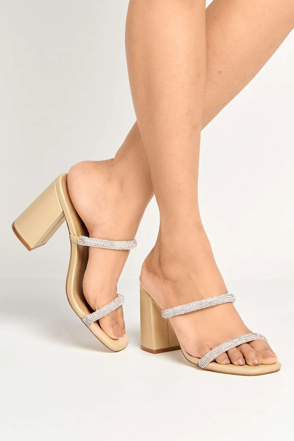 Zayah Diamante Straps Block Heel Mule in Nude